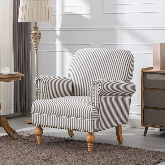 Mid Century Modern Accent Chairs Set of 2 Linen Fabric Armchair Wide Reading Chairs Upholstered Lounge Couch Chair for Bedroom/Living Room, Black Stripe