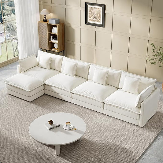 Modular Sectional Sofa, 146.5 Inch L-Shaped Cloud Sofa with Deep Seat Chenille Sofa with Cushions, Four Seater Sectional Sofa for Living Room Apartment,White
