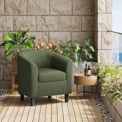 Yaheetech Corduroy Barrel Chair, Upholstered Club Accent Chair, Round Armchair with Soft Cushion for Living Room Bedroom Reading Room, Dark Green