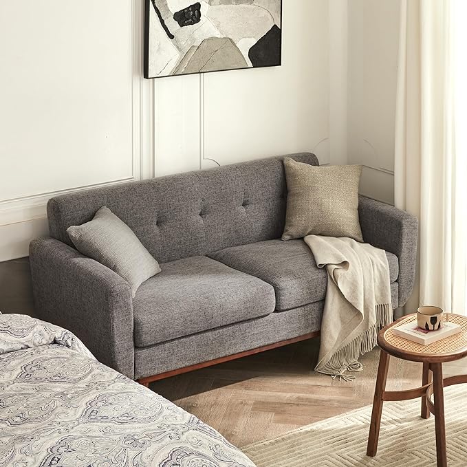 Tbfit Loveseat Sofa, 65" W Mid Century Modern Love Seat Small Loveseat for Bedroom, Button Tufted Upholstered Small Couch Sofa for Living Room, Grey