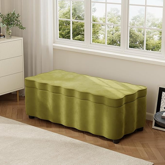 Christopher Knight Home Pean Living Room Ottoman with Storage, Velvet Upholstered Storage Ottoman Bench, Sofa Foot Stool with Wood Frame, Bedroom End of Bed Bench, Chic Scalloped Design, Olive Green