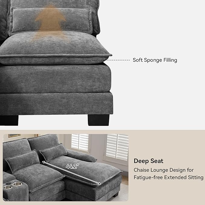 U Shaped Sectional Sofa with Storage Console, Cup Holders & USB Ports, Small Modular Cloud Couch with Deep Seats, Modern Comfy Living Room Sofa for Apartment, Chenille Grey