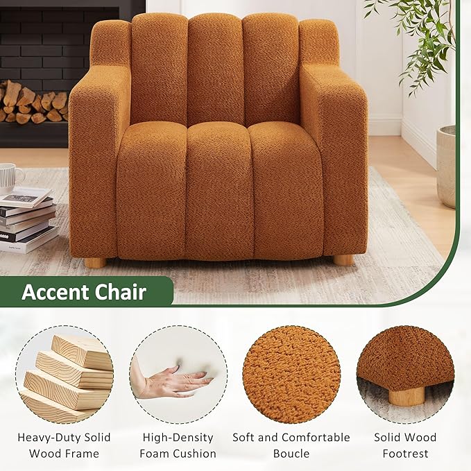 VANOMi Oversized Accent Chair, Modern Living Room Chairs, Comfy Boucle Fabric Upholstered Armchair for Bedroom, Office, Waiting Room (Curry)