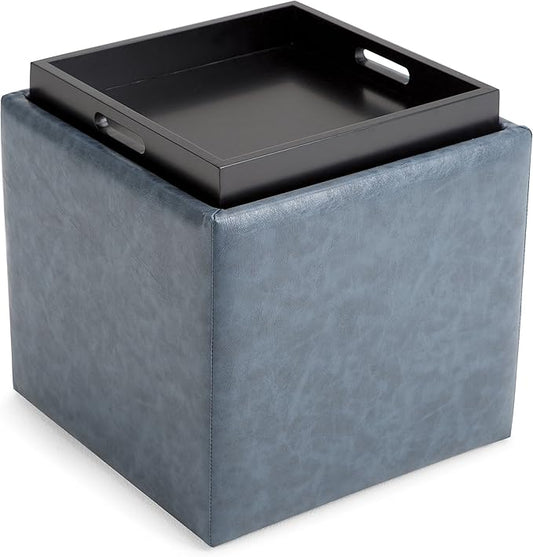 SIMPLIHOME Rockwood 18 inch Wide Contemporary Square Cube Storage Ottoman with Tray in Denim Blue Vegan Faux Leather, Assembled, For the Living Room, Entryway and Family Room