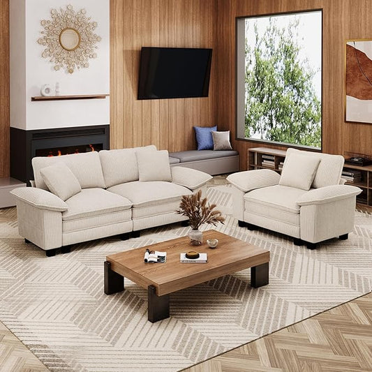 L-Shaped Cloud Modular Sofa Set with Chaise, Deep Seat 3-Piece Sectional & Removable Arms, Plush Corduroy for Living Room - Beige