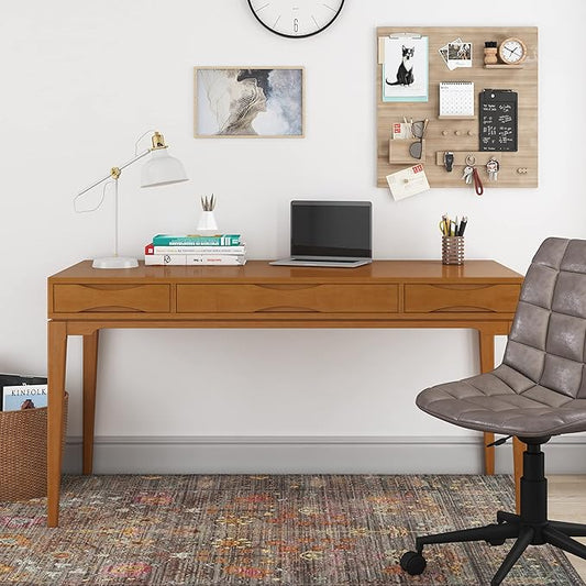 SIMPLIHOME Harper Desk - 60-Inch Wide Solid Hardwood Writing Desk in Light Golden Brown, Mid-Century Modern Home Office Computer Table for Study with 2 Drawers and Flip-Down Keyboard Tray