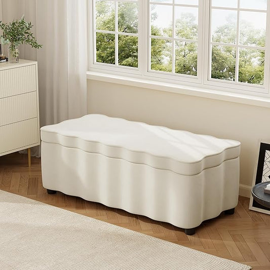 Christopher Knight Home Pean Living Room Ottoman with Storage, Fabric Upholstered Storage Ottoman Bench, Sofa Foot Stool with Wood Frame, Bedroom End of Bed Bench, Chic Scalloped Design, White