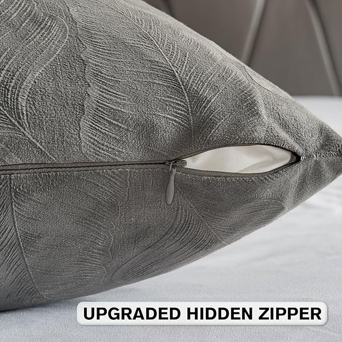 FUTEI Dark Grey Velvet Throw Pillow Covers 22x22 Inch Set of 2,Soft Embossed Leaf-Relief Textured Cushion Cases,Natural Home Decor for Couch Living Room