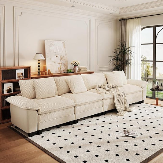 PHI VILLA Cloud Modular Couches Sets, 157.5" Long Sectional Sofa with Upholstered Deep Seat, 4-Seater Couches for Living Room, Chenille Corduroy Dual Fabric, Beige