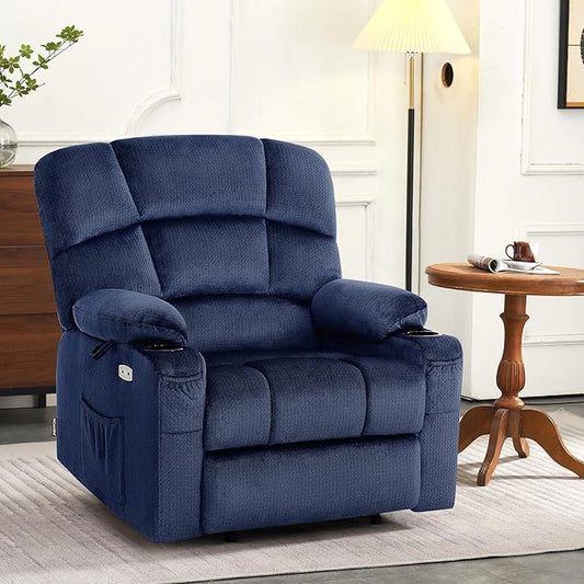 MCombo Oversized Dual Motor Power Lift Recliner Chair Sofa with Massage and Heat for Big Elderly People, Infinite Position, USB Ports, Fabric R7677 (Navy Blue, Medium-Oversize)