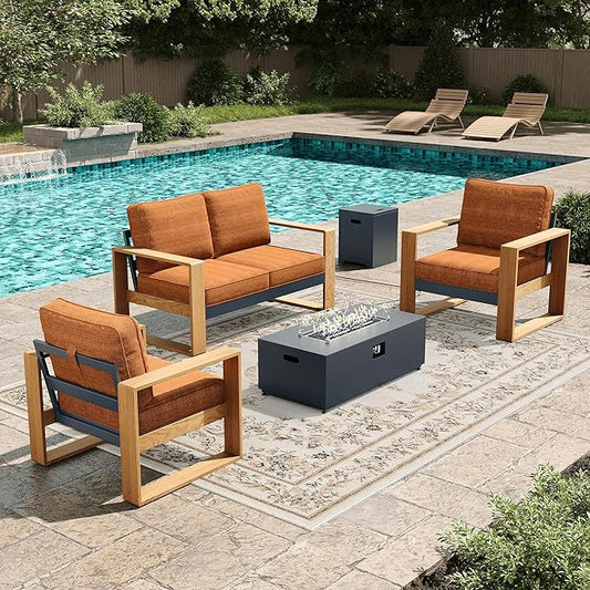 LayinSun 4 Pieces Aluminum Patio Furniture Set with Fire Pit Table, Oversized Seat with Hight Back, Outdoor Conversation Sets for Porch, Balcony, Deck