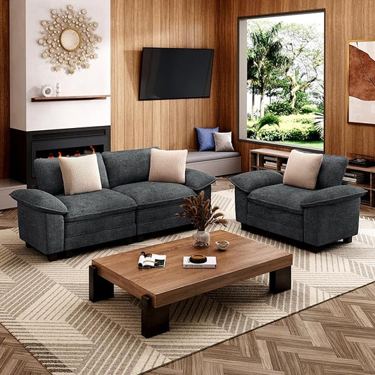 L-Shaped Cloud Modular Sofa Set with Chaise, Deep Seat 3-Piece Sectional & Removable Arms, Plush Chenille for Living Room - Cyan