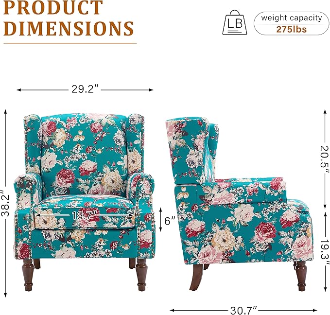 Wingback Accent Chair, High Back Upholstered Armchair, Floral Fabric Wingback Arms Chairs with Retro Solid Wood Legs, Single Sofa Reading Chair for Bedroom Living Room, Peacock Blue