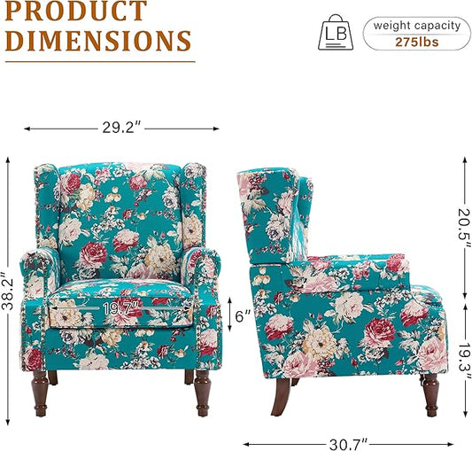 Wingback Accent Chair, High Back Upholstered Armchair, Floral Fabric Wingback Arms Chairs with Retro Solid Wood Legs, Single Sofa Reading Chair for Bedroom Living Room, Peacock Blue