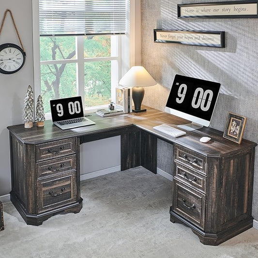 T4TREAM L Shaped Desk with Drawers,59" Farmhouse Wood Home Office Executive Desk,Charging Station,File Drawer, Storage Cabinet,Computer Desk for Work and Study (Dark Rustic Oak)