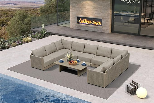 PURPLE LEAF 10 Pieces Patio Conversation Sets with Coffee Table All Weather Outdoor Couch Sectional Set with Cushion Conversation Set for Garden Poolside Backyard Beige