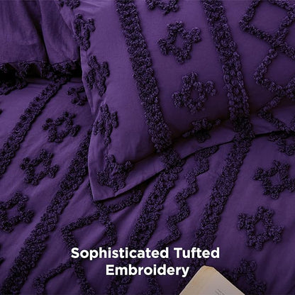 Bedsure Tufted Boho Comforter Set King Size - Purple Boho Bed Set, GentleSoft™ 3 Pieces Farmhouse Shabby Chic Embroidery Bedding, Gifts for Woman, Soft Jacquard King Comforter for All Seasons