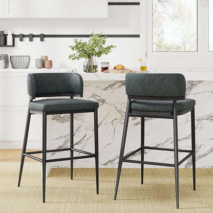 Christopher Knight Home Ebany Barstools Set of 2, Metal Frame Counter Stools, Upholstered Kitchen Chair, Curved Back Support Bistro Chairs, 30" H Island Stool for Dining Kitchen Cafeteria, Dark Green
