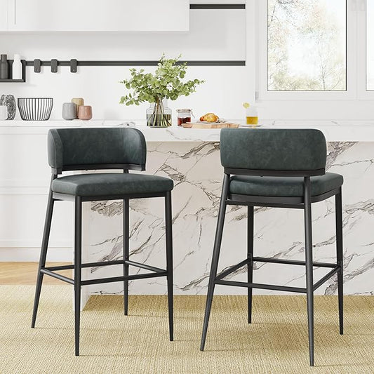 Christopher Knight Home Ebany Barstools Set of 2, Metal Frame Counter Stools, Upholstered Kitchen Chair, Curved Back Support Bistro Chairs, 30" H Island Stool for Dining Kitchen Cafeteria, Dark Green