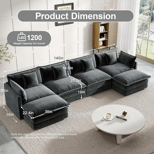 Modular Sectional Sofa, 146.5 Inch U-Shaped Cloud Sofa with Deep Seat Chenille Sofa with Cushions, Four Seater Sectional Sofa for Living Room Apartment,Gray