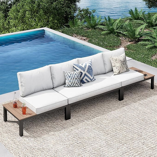 PHI VILLA 3 Pieces Outdoor Patio Furniture Set,Metal Frame Modern Outdoor Sectional Sofa Set,4 Seats Patio Conversation Sets with Coffee Table,for Poolside and Backyard,Light Grey