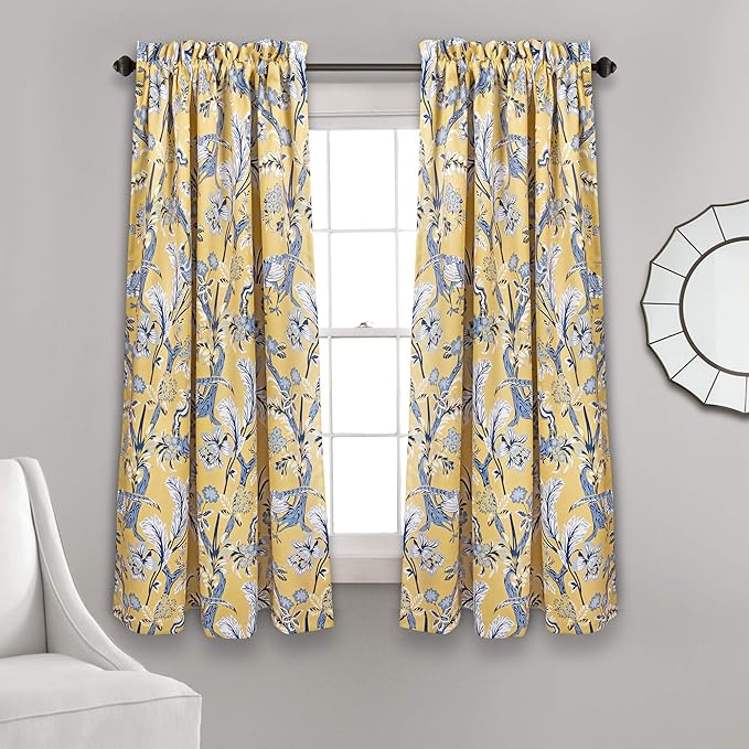 Lush Decor Dolores Light Filtering Window Panels, Pair, 52" W x 63" L, Yellow - Floral Curtains for Bedroom - Vintage Curtains - Coquette Room Decor