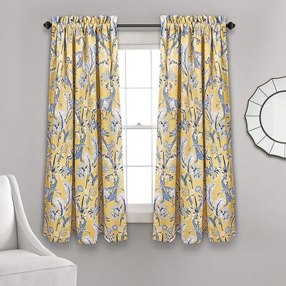 Lush Decor Dolores Light Filtering Window Panels, Pair, 52" W x 63" L, Yellow - Floral Curtains for Bedroom - Vintage Curtains - Coquette Room Decor