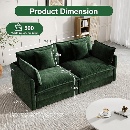 Modular Sectional Sofa, 76.7 Inch I-Shaped Cloud Sofa with Deep Seat Comfortable Chenille Sofa with Cushion Double Sectional Sofa for Living Room Apartment,Evergreen