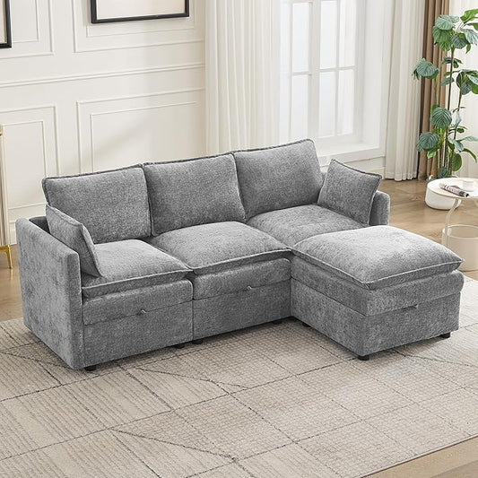 80"Cloud Modular 3 Seater Sofa with Storage Ottoman, Modern Upholstered Storage Sofa Couch Deep Seat, L Shape Sectional Sofa Chenille Comfy Couch with Armrests for Living Room, Small Space, Light Grey