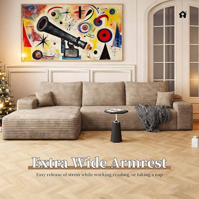 107.5" Boneless L-Shaped Modular Sectional Sofa Couches for Living Room, Corduroy Upholstered Couch with Deep Seat, Large 2-Seater Cloud Sectional Couch, No Assembly, (Camel, Left Facing Chaise)