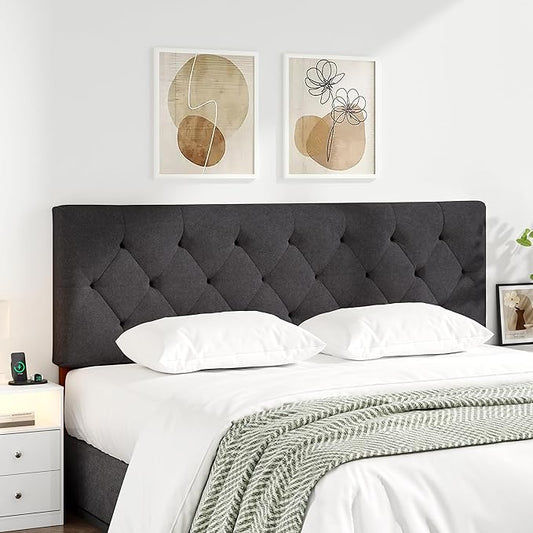 Queen Upholstered Headboard Only for Bed Frame from 49”-62”, Adjustable Height Queen XL Headboards with Durable Wood Legs, Fabric Bed Board in Modern Button Design, Dark Grey