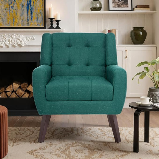 Accent Chair, Mid-Century Modern Upholstered Armchair, Comfy Fabric Living Room Chairs Reading Chairs with Button Tufted Back & Solid Wood Legs for Bedroom, Office, Light Blue