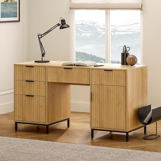 55" Fluted Executive Desk, Modern Home Office Desk with Charging Station, Keyboard Tray, File Drawer, Storage Cabinet for Work Study Writing Desk, Natural Oak