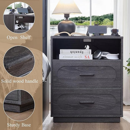 Gray Night Stand with Charging Station, 21.7" Wide Wood End Table with 2 Storage Drawers, Open Shelf & Unique Base, Mid Century Modern Bedside Table for Bedroom, Living Room, Gray