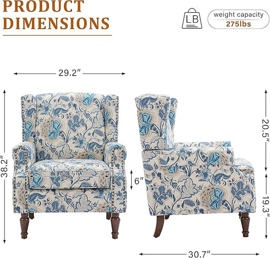 Floral Wingback Accent Chairs Set of 2, High Back Upholstered Armchair, Comfy Fabric Wingback Arms Chairs with Retro Solid Wood Legs, Single Sofa Reading Chair for Bedroom Living Room, Boho Blue