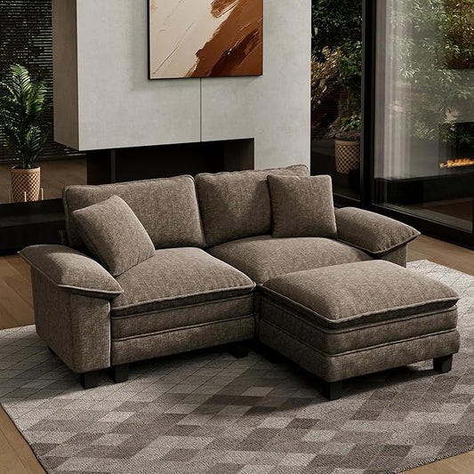 HERA'S HOUSE 88" Modular Sectional Sofa, L Shaped Couches for Living Room, Comfy Cloud Couch with Ottoman, 3-Seater Deep Seat Sofa with Throw Pillow, Chenille Ash