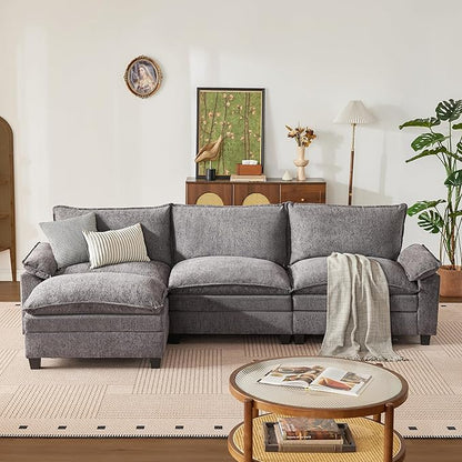 114 Inch Modular Couch Sectionals with Ottoman, Big Comfy Cloud Couches, L Shaped 4 Seat Modular Sectional Sofa, Modern Cloud Sectional Couches for Living Room, Deep Seat Comfy Sofa, Grey