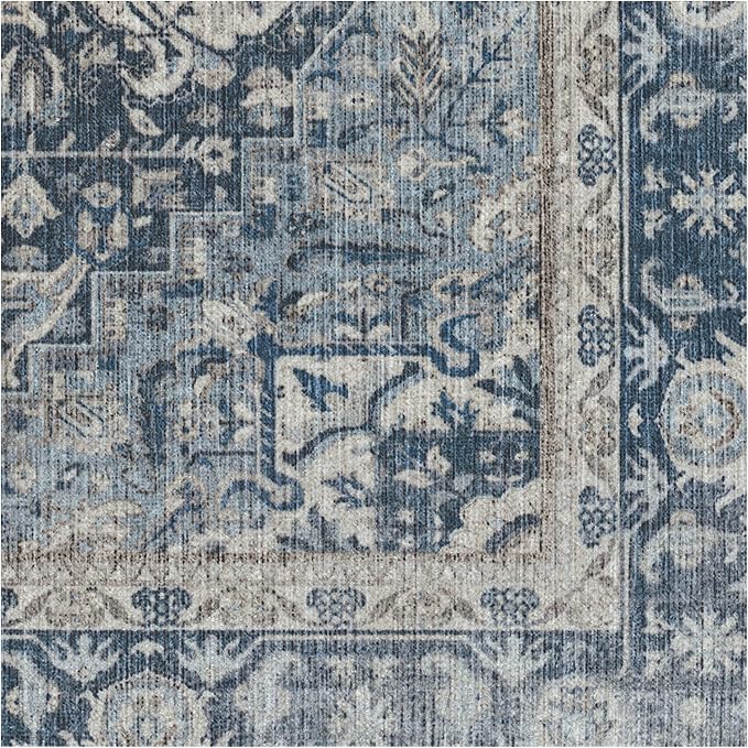 RUGGABLE Washable Vintage Runner Rug – Kamran Admiral Blue 2.5x7, Stain-Resistant, Non-Slip Hallway Runner – Machine Washable Rug for Hallway, Entryway, Living Room & Kitchen–with Cushioned Pad
