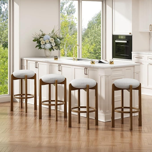 Christopher Knight Home Lilac Modern Counter Height Bar Stools Set of 4, Fabric Round Stool Chair for Kitchen Island, Wood Dining Room Chair, Upholstered Counter Stool with Footrest,Dark Walnut+Ivory