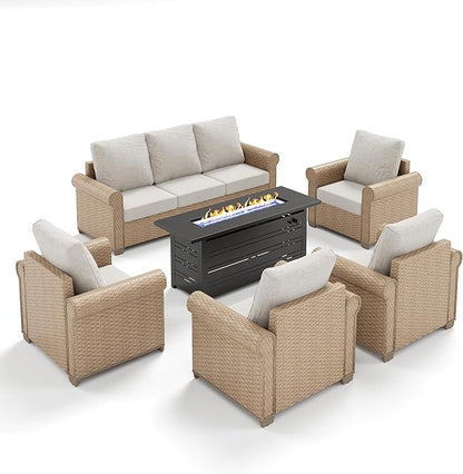 Patio Furniture Set 6 pcs, Wicker Outdoor Patio Furniture, 3-Seat Sofa, 4 Single Chairs and 56" Gas Fire Pit Table, Rattan Patio Conversation Set for Backyard Deck, Beige
