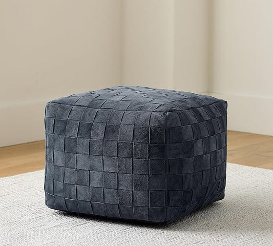 Luxury Handcrafted Suede Basketweave Pouf Ottoman – Soft & Durable Floor Cushion, Footrest, Accent Seating for Living Room, Bedroom, Office Stylish Modern Home Décor (Navy, 18" x 18" x 14")