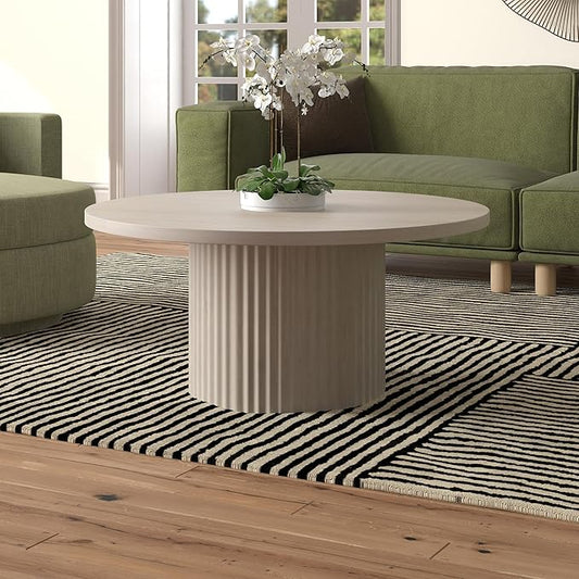 Henn&Hart 32" Fluted Round Wood Pedestal Low-Profile Coffee Table for Living Room, Family Room, Office, or Apartment, Alder White