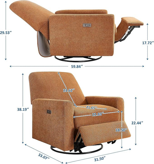 VANOMi Power Swivel Glider Recliner Chair, Electric Nursery Rocker Recliner Chair, USB & Type-C Charger, Boucle Curry