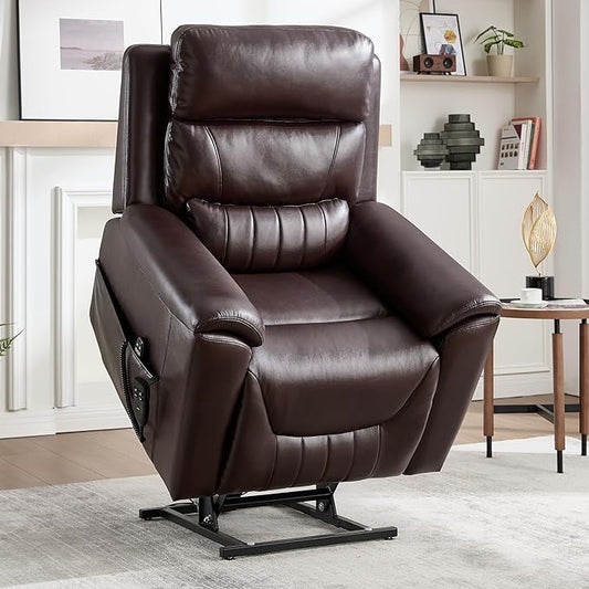 Power Lift Recliner Chair for Elderly People, Dual Motor Lay Flat Recliner with Vibration Massage and Heat, Heavy Duty Motion Mechanism Standing Assistance Reclining Chair, Faux Leather Red Brown