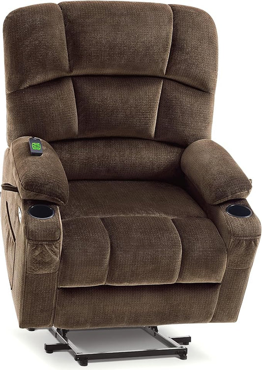 MCombo Oversized Dual Motor Power Lift Recliner Chair Sofa with Massage and Heat for Big Elderly People, Infinite Position, USB Ports, Fabric R7688 (Brown, Large-Oversize)