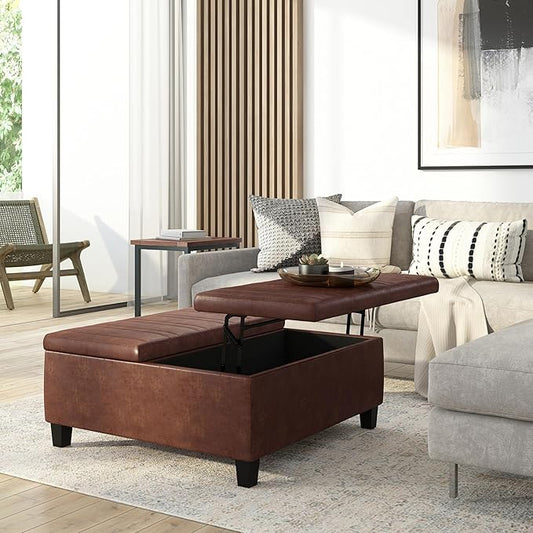 SIMPLIHOME Ellis 36 inch Wide Contemporary Square Coffee Table Storage Ottoman in Distressed Saddle Brown Vegan Faux Leather, Assembled, For the Living Room and Bedroom