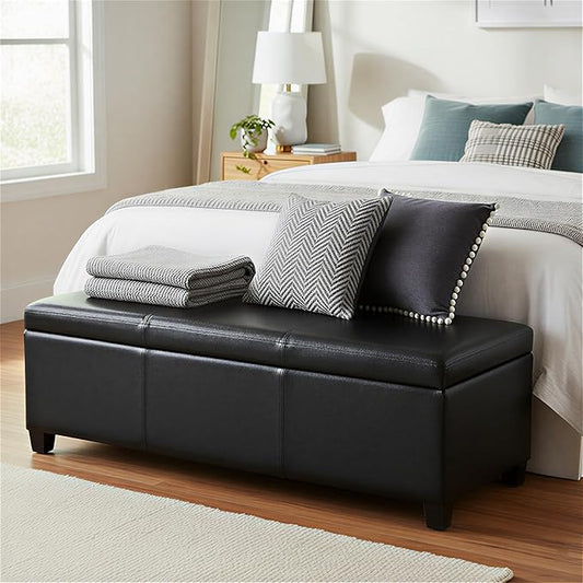 SIMPLIHOME Avalon Storage Ottoman Bench - 48 inch Wide Upholstered Solid Wood Rectangular Ottoman in Carbon Black, Contemporary Storage Bench for Bedroom or Living Room with Lift-Top Lid