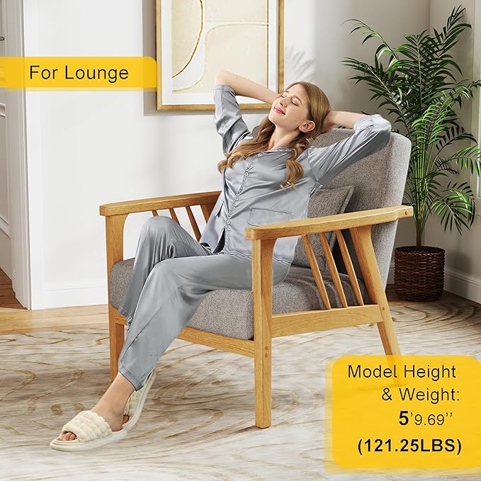 Mid-Century Modern Accent Chair, Linen Armchair and Lounge Chair with Lumbar Pillow, Wide Seat & Solid Wood Frame for Living Room, Bedroom or Balcony （Light Gray）