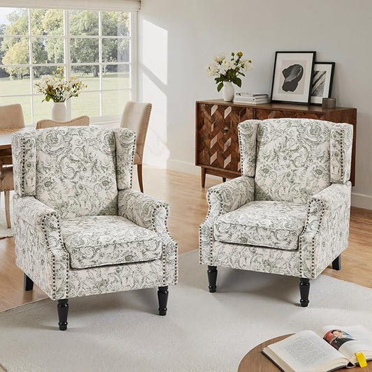 Lumibee High Back Accent Chair Set of 2, Armchair in Fabric,Comfy Upholstered Wingback Single Sofa Reading Chairs with Solid Wood Legs for Living Room,Bedroom,Office-Rococo Green