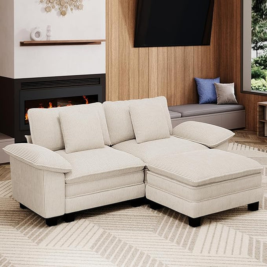 87-Inch L Shaped Sectional Sofa with Cloud Cushions, Deep Seat Modular Couch Set w/ 3 Seats & 1 Ottomans, Removable Arms, Plush Corduroy Upholstery for Living Room, Apartment - Beige